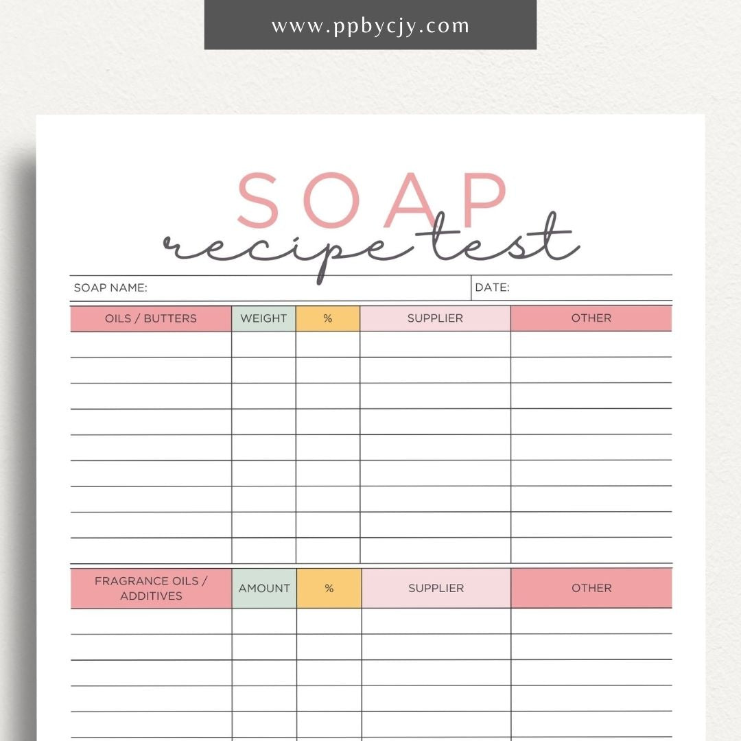 Soap Testing Printable Template – Digital download for documenting and tracking the testing of soap products, including test results, observations, and adjustments