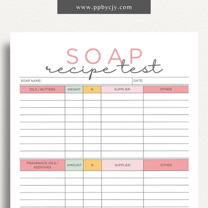 Soap Testing Printable Template – Digital download for documenting and tracking the testing of soap products, including test results, observations, and adjustments