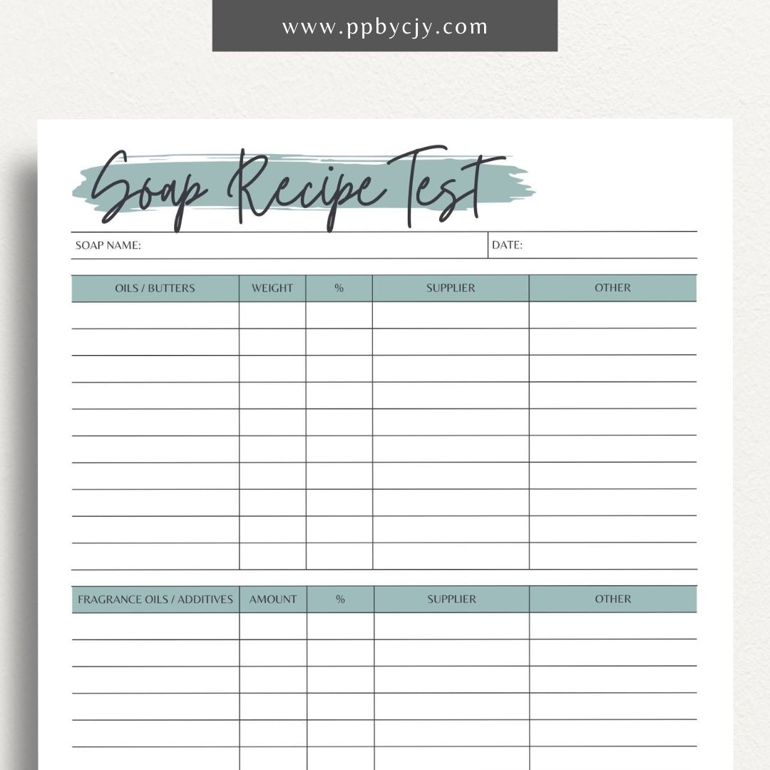 Soap Testing Printable Template – Digital download for documenting and tracking the testing of soap products, including test results, observations, and adjustments