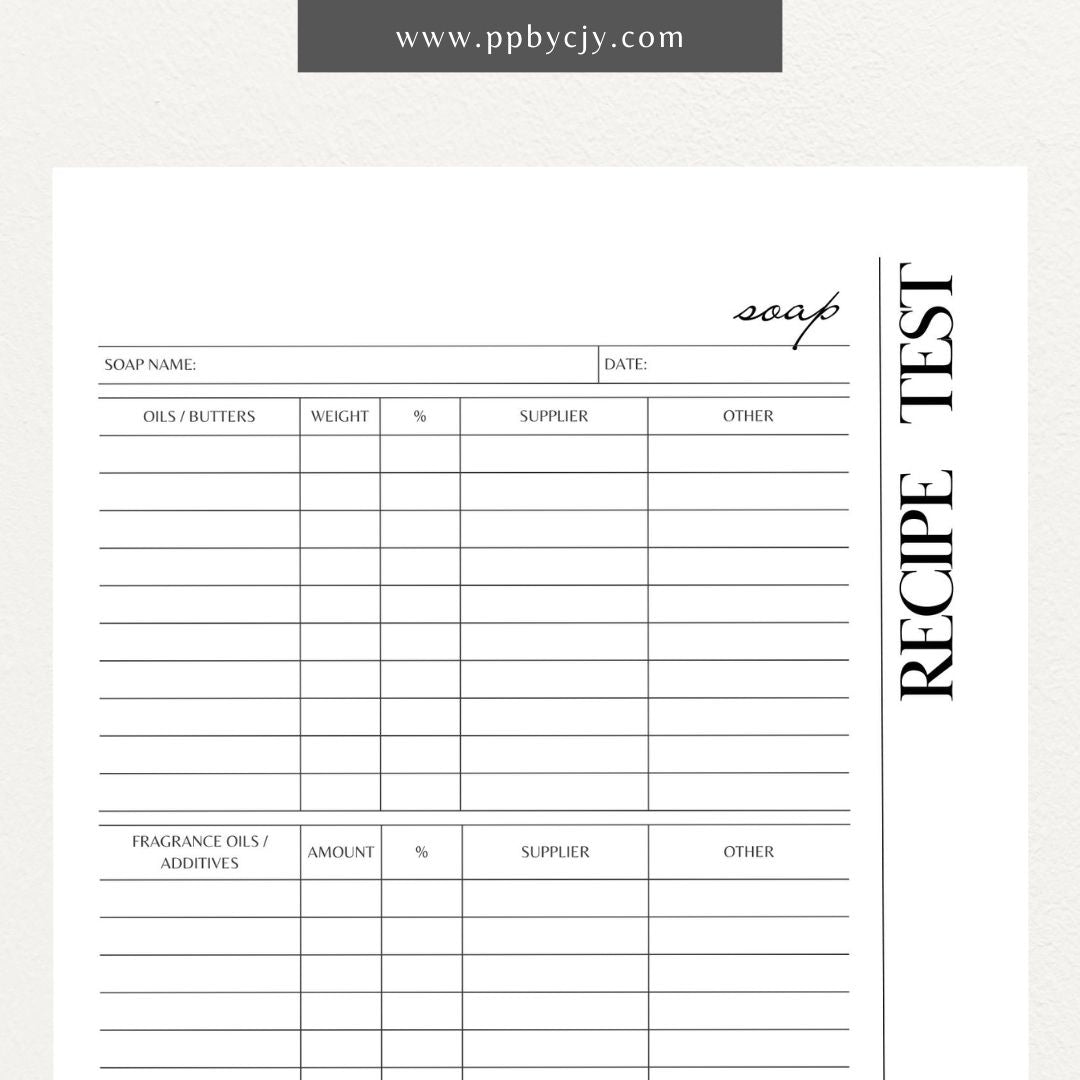 Soap Testing Printable Template – Digital download for documenting and tracking the testing of soap products, including test results, observations, and adjustments