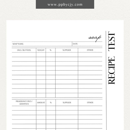 Soap Testing Printable Template – Digital download for documenting and tracking the testing of soap products, including test results, observations, and adjustments