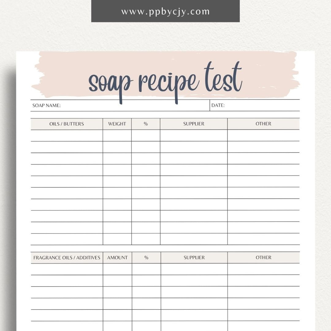 Soap Testing Printable Template – Digital download for documenting and tracking the testing of soap products, including test results, observations, and adjustments