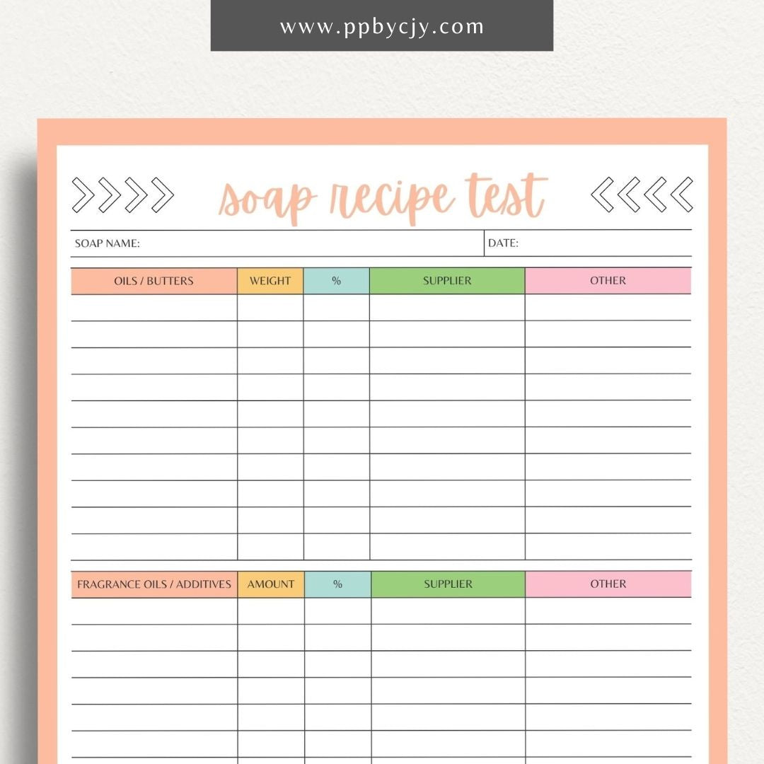 Soap Testing Printable Template – Digital download for documenting and tracking the testing of soap products, including test results, observations, and adjustments