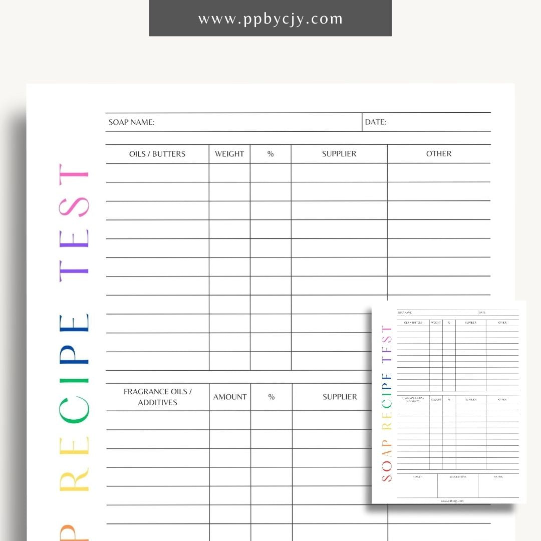 Soap Testing Printable Template – Digital download for documenting and tracking the testing of soap products, including test results, observations, and adjustments