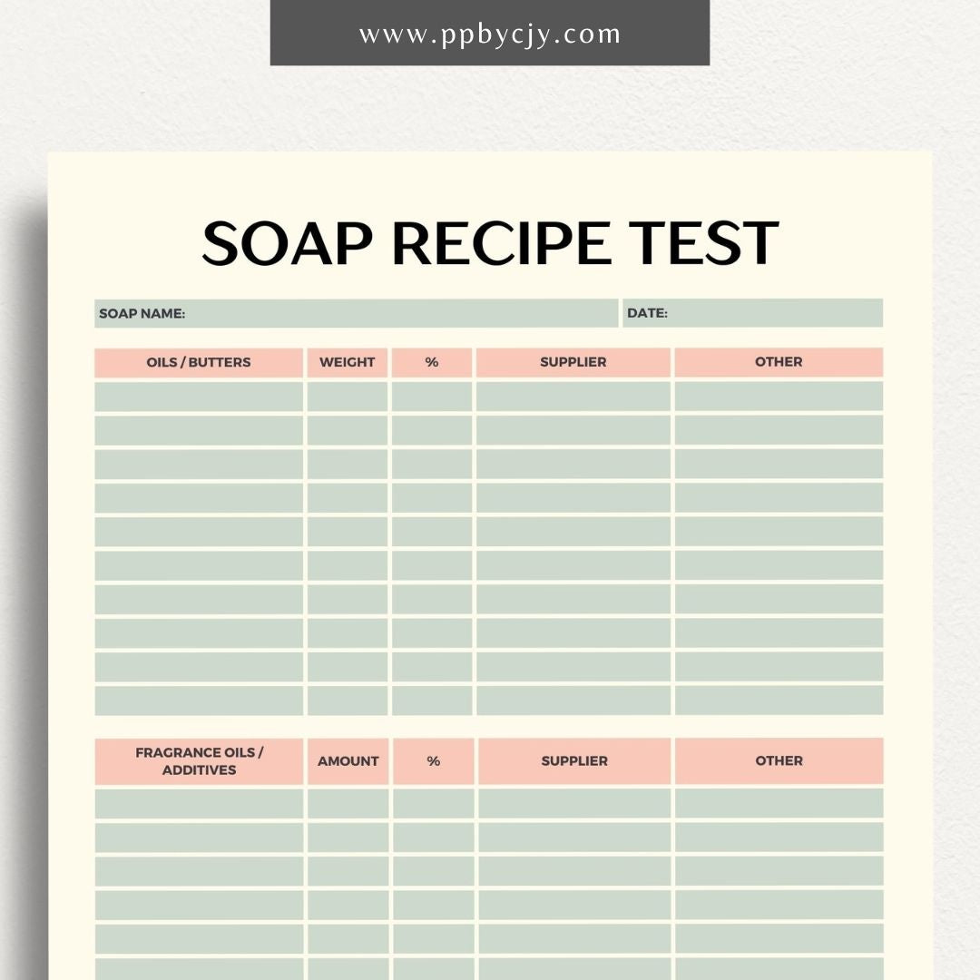 Soap Testing Printable Template – Digital download for documenting and tracking the testing of soap products, including test results, observations, and adjustments