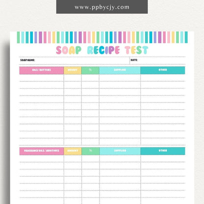 Soap Testing Printable Template – Digital download for documenting and tracking the testing of soap products, including test results, observations, and adjustments