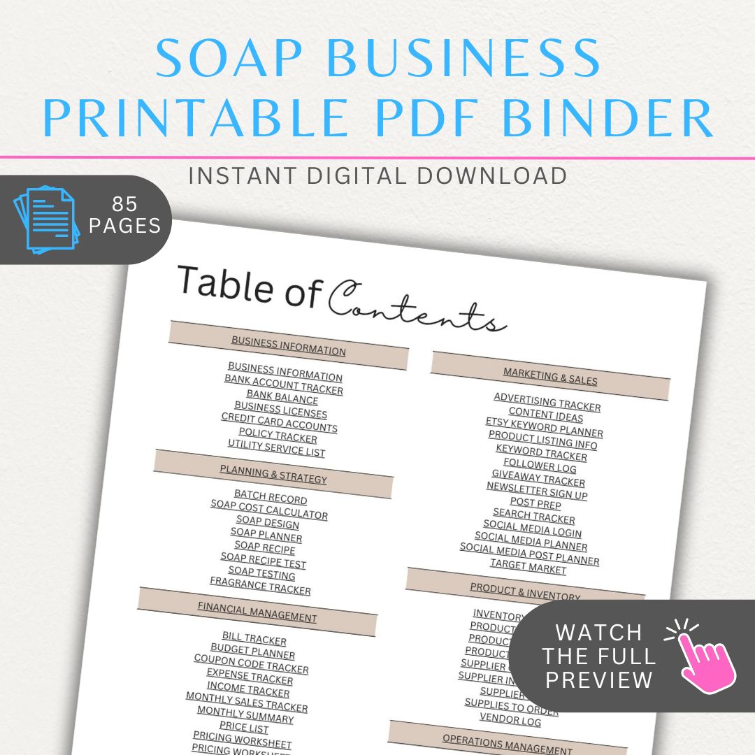 Soap Business Planner Printable Template Bundle with 85+ pages, including inventory management, order logs, recipe trackers, and marketing planners