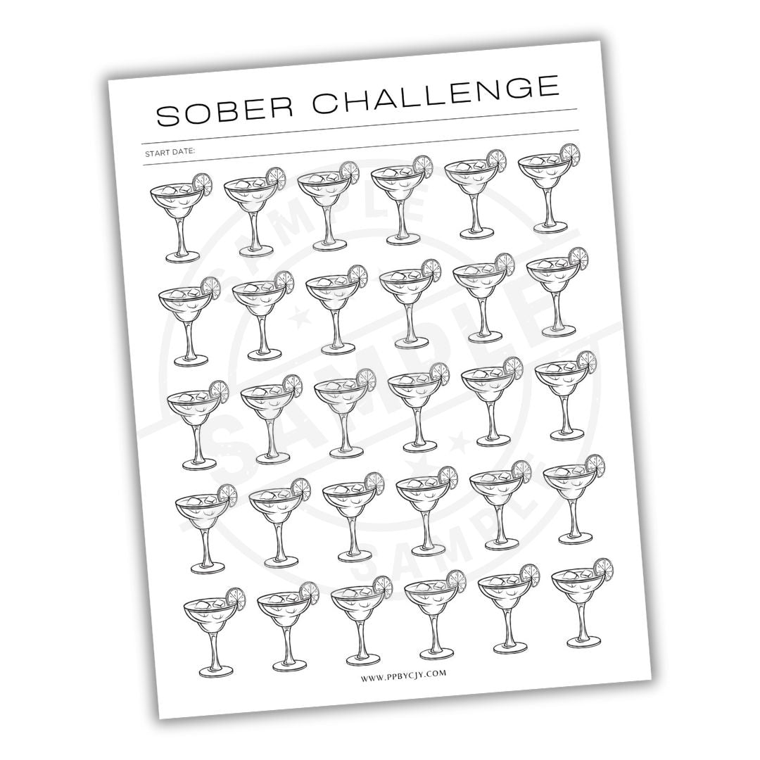 Sheet of 'Sober Challenge' with martini glass illustrations on a white background