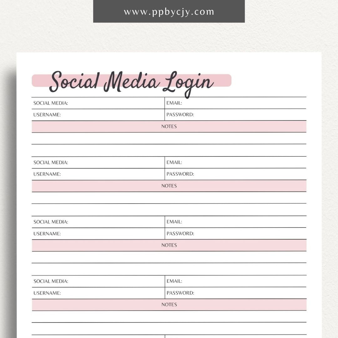 Social Media Login Tracker Printable PDF Template