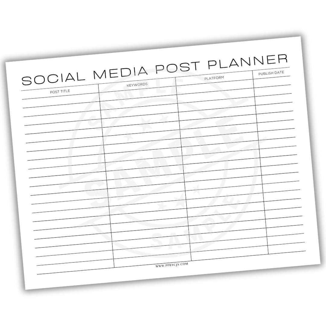 Social Media Post Planner with columns for post title, keywords, platform, and publish date.