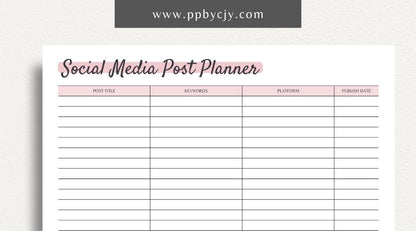 Social Media Content Planner Printable PDF Template