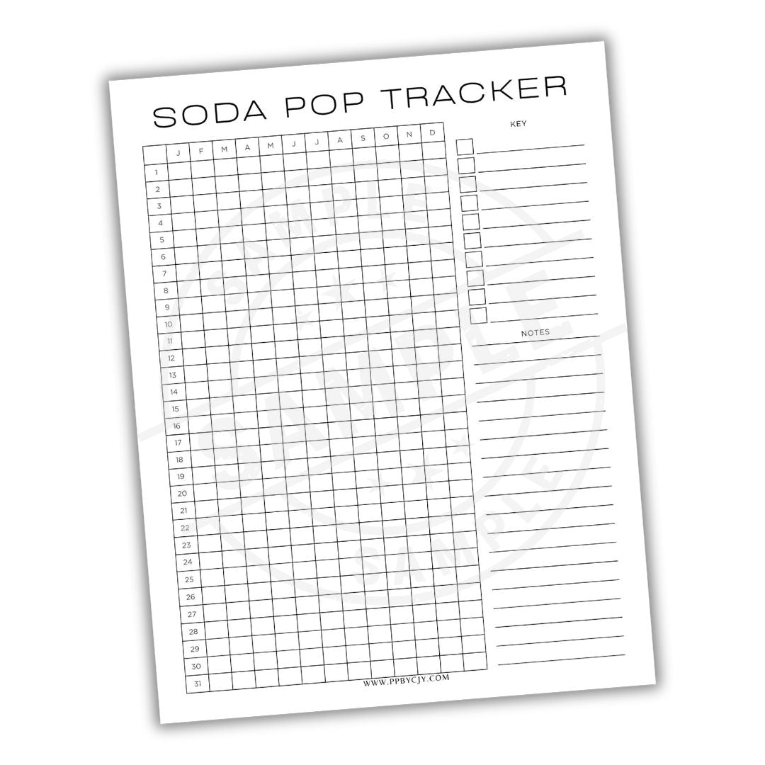 Soda pop tracker sheet with grid and text on a white background