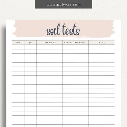 printable template page with columns and rows related to soil tests