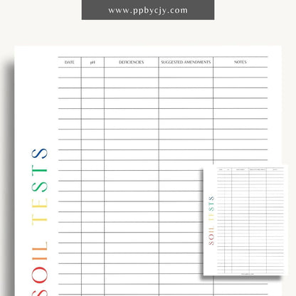 printable template page with columns and rows related to soil tests