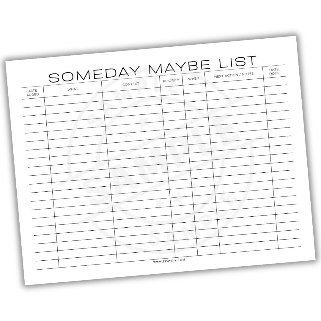 Sheet of paper titled 'Someday Maybe List' with columns for tasks and actions.
