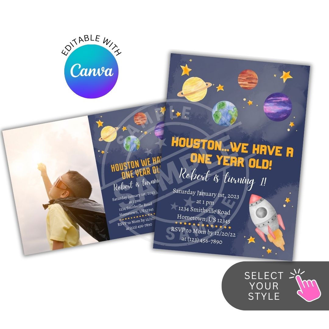 Space-themed birthday invitation with planets and a rocket, featuring Canva branding.