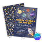 Space-themed birthday invitation with planets and stars on a blue background, featuring Canva branding.