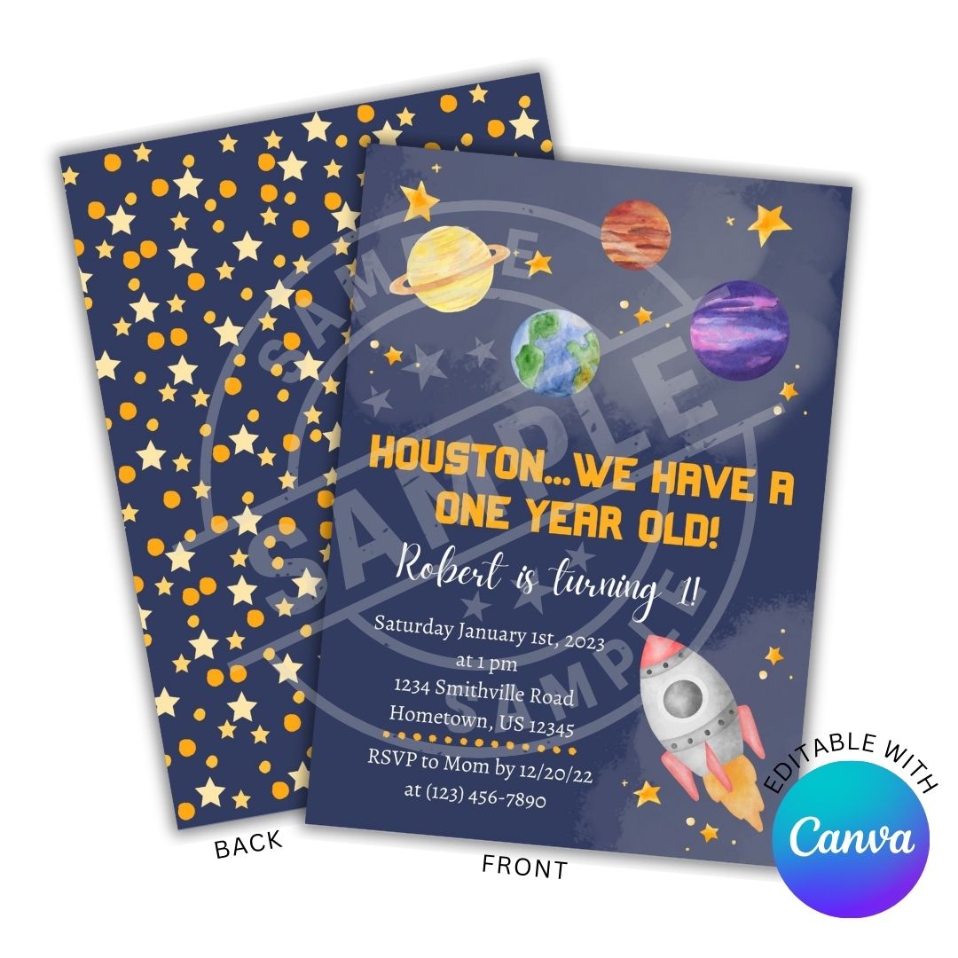 Space-themed birthday invitation with planets and stars on a blue background, featuring Canva branding.