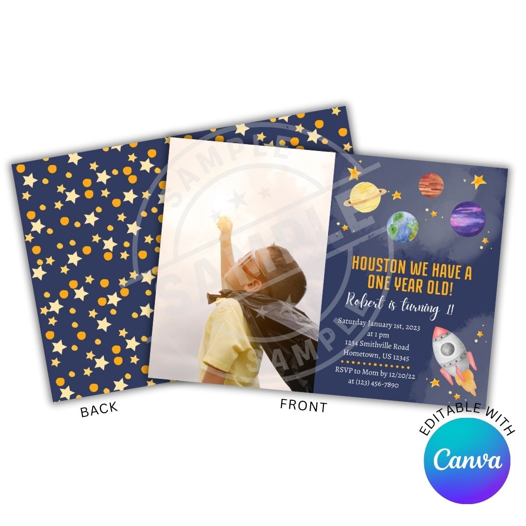 Space-themed birthday invitation card with planets and stars design