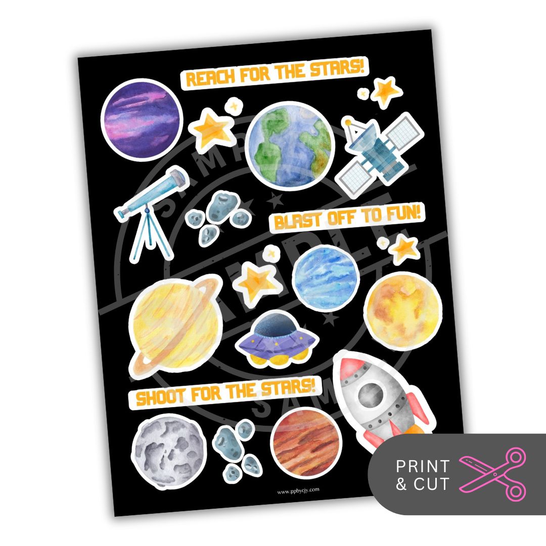 Sheet of space-themed stickers with planets, stars, and rockets on a black background.