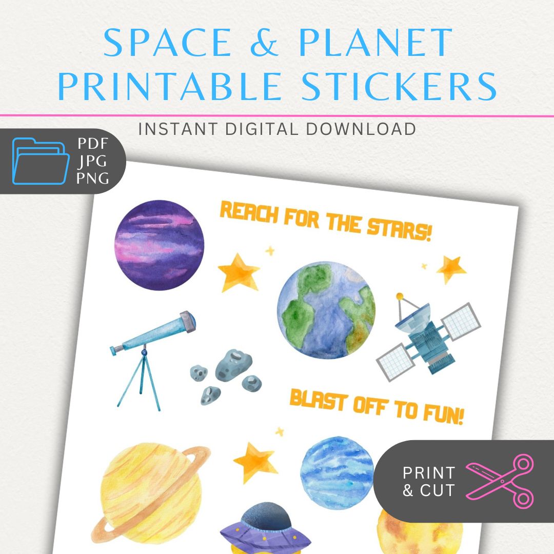 Space Planet Printable Sticker Sheet featuring planets, rockets, stars, and other space-themed elements, perfect for creative projects and crafts.

