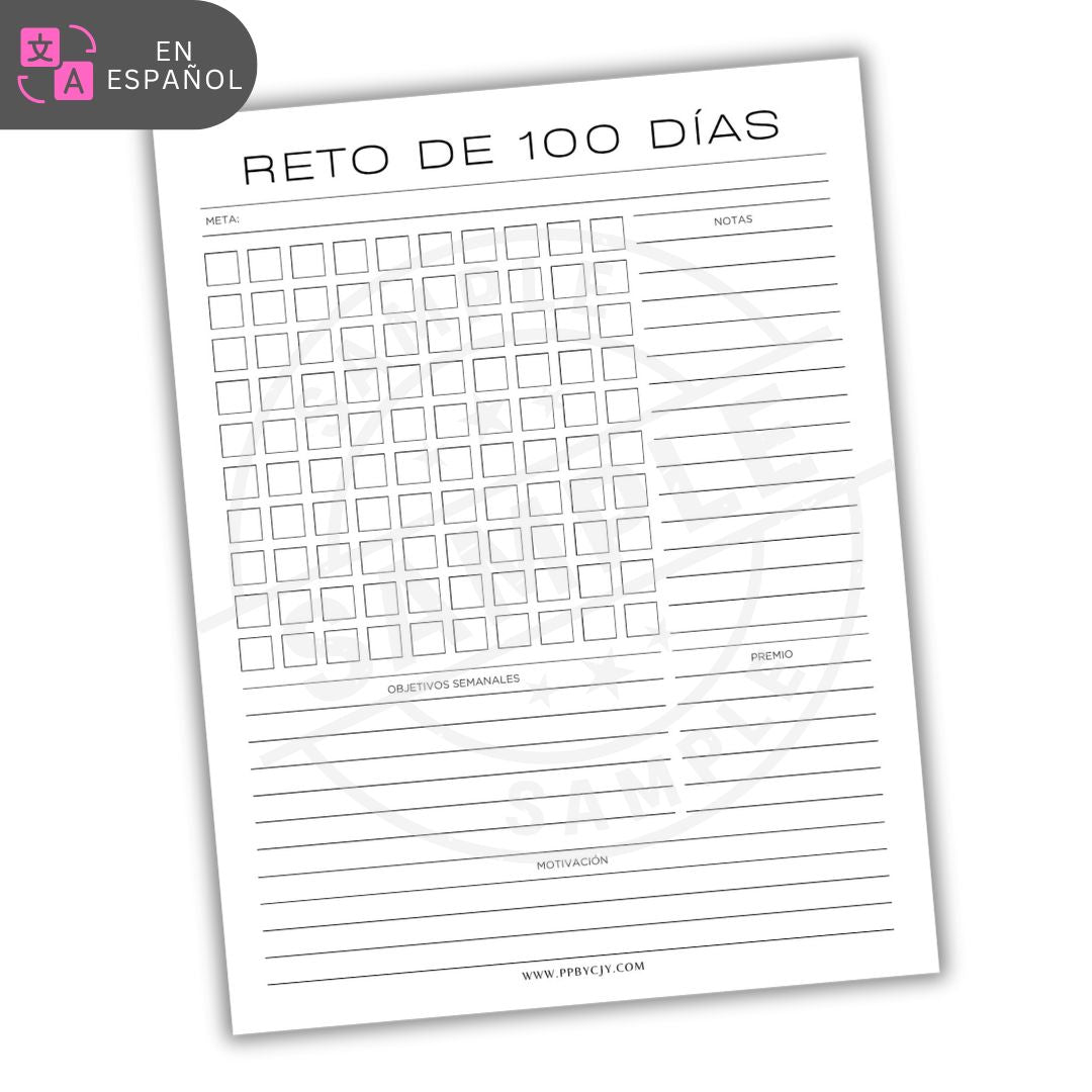 Sheet with a checklist titled 'Reto de 100 Dás' on a white background