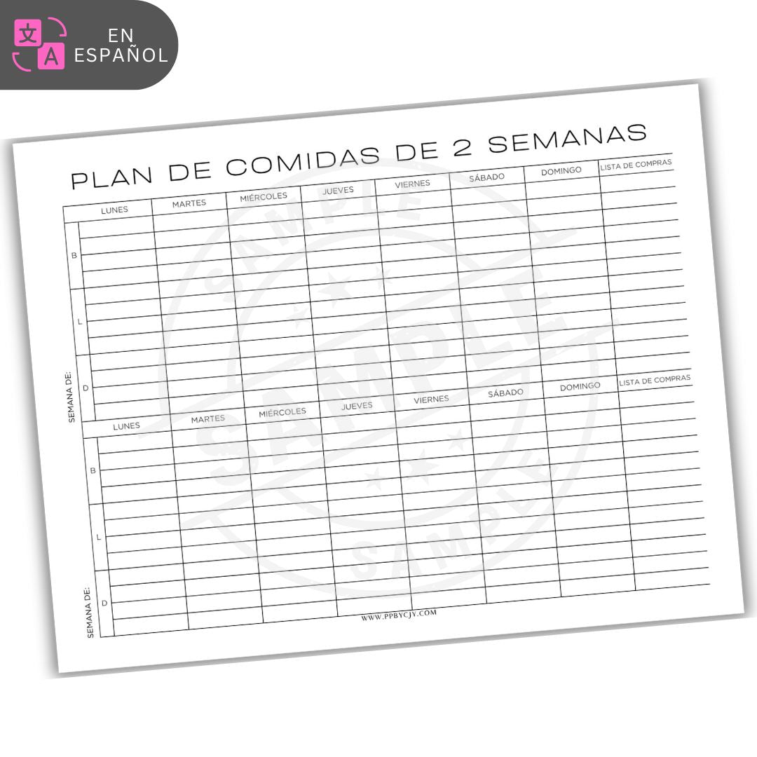 Meal plan template for two weeks in Spanish on a white background