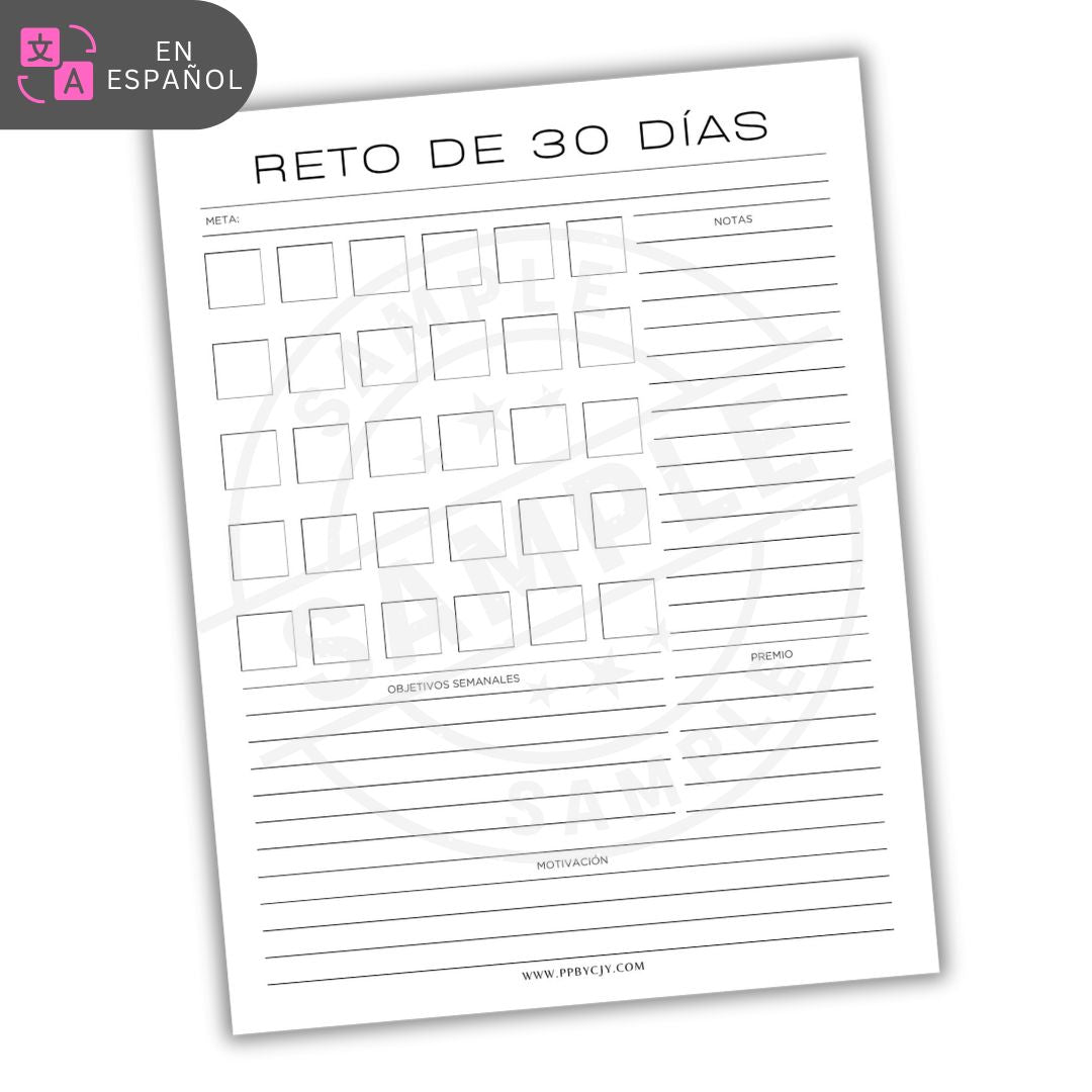Blank worksheet titled 'Reto de 30 Dás' with various sections on a white background.