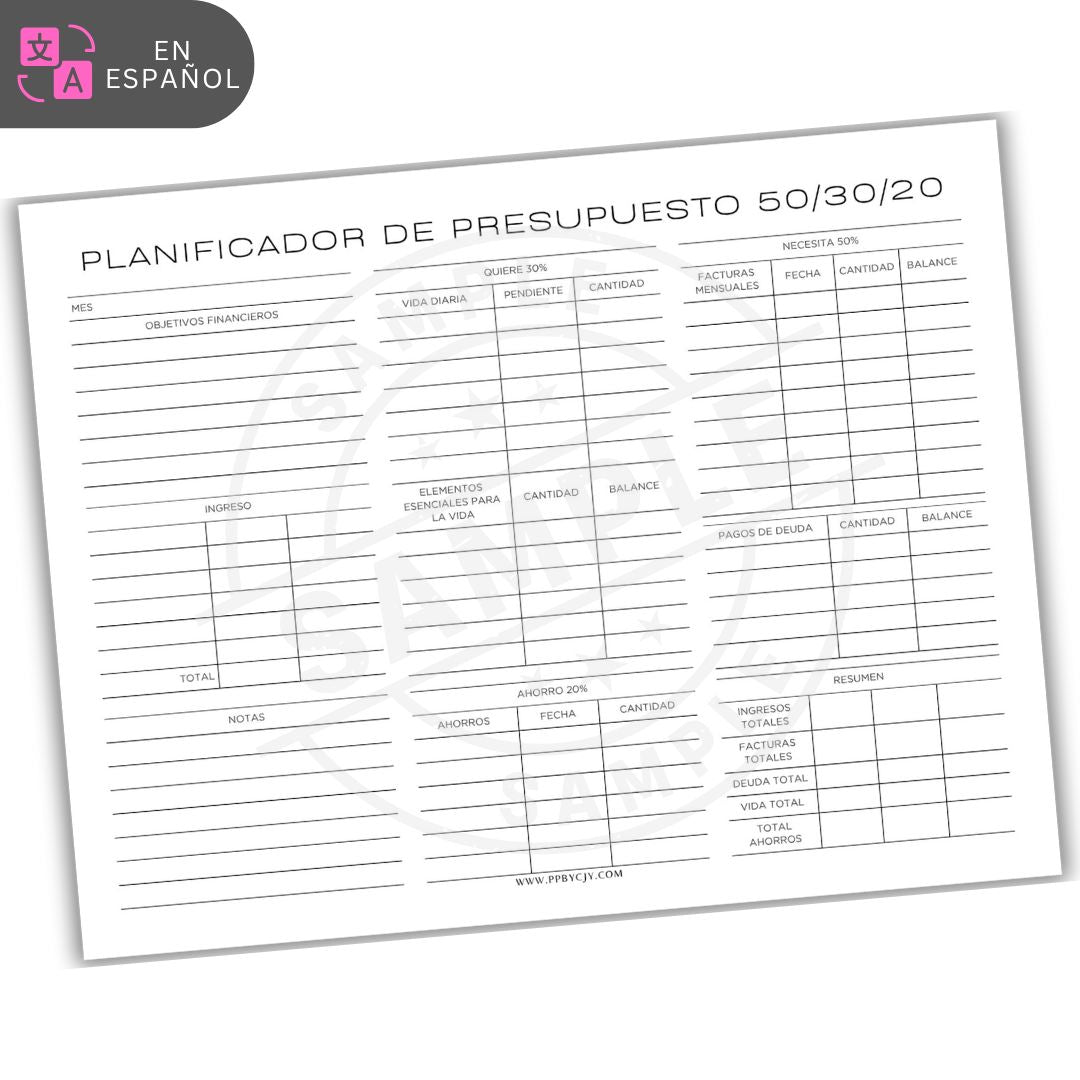 Budget planner sheet in Spanish with columns for expenses and income on a white background.