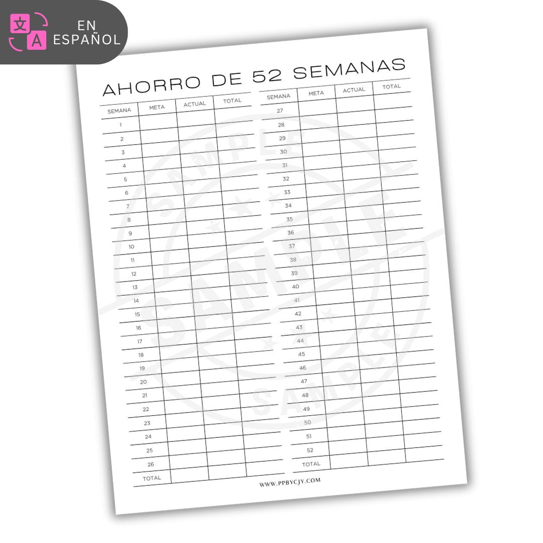 52-week savings tracker sheet with columns for week, target, actual, and total savings on a white background.