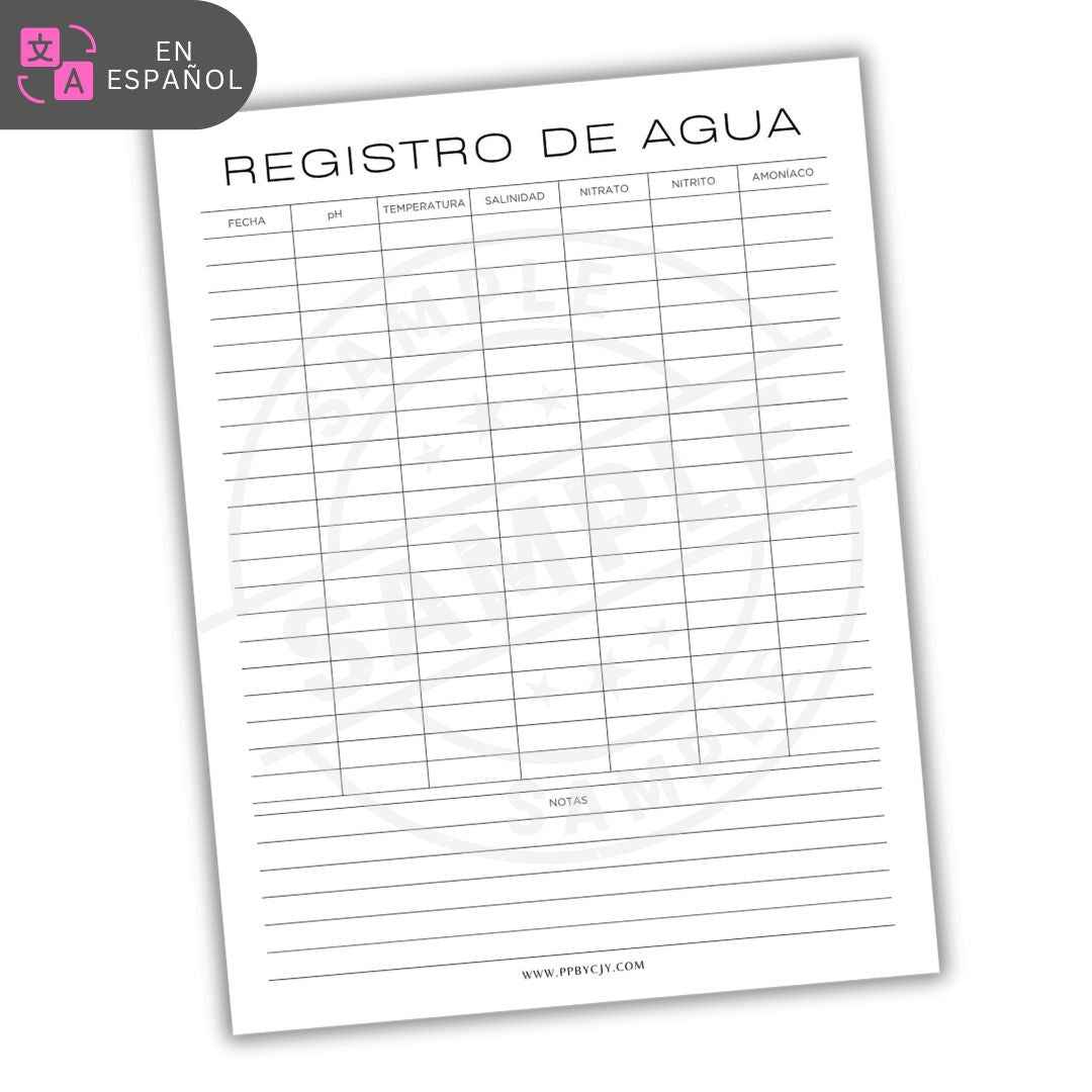 Registro de Agua para Acuarios Plantilla PDF Imprimible
