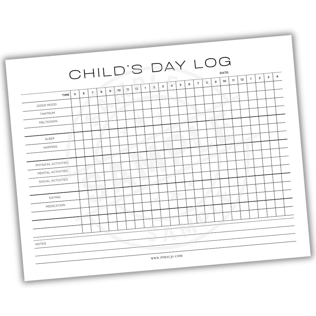 Child's Day Log sheet with grid for recording activities on a white background