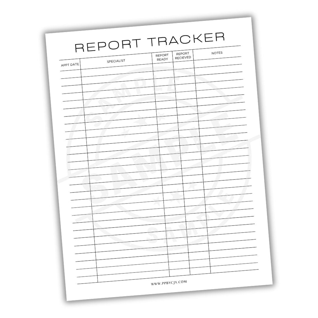 Report Tracker sheet with columns for date, specialist, report type, received date, and notes on a white background.