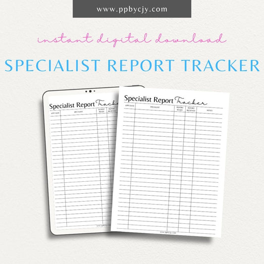 Track specialist appointments, reports, and treatments with this printable specialist report tracker template.

