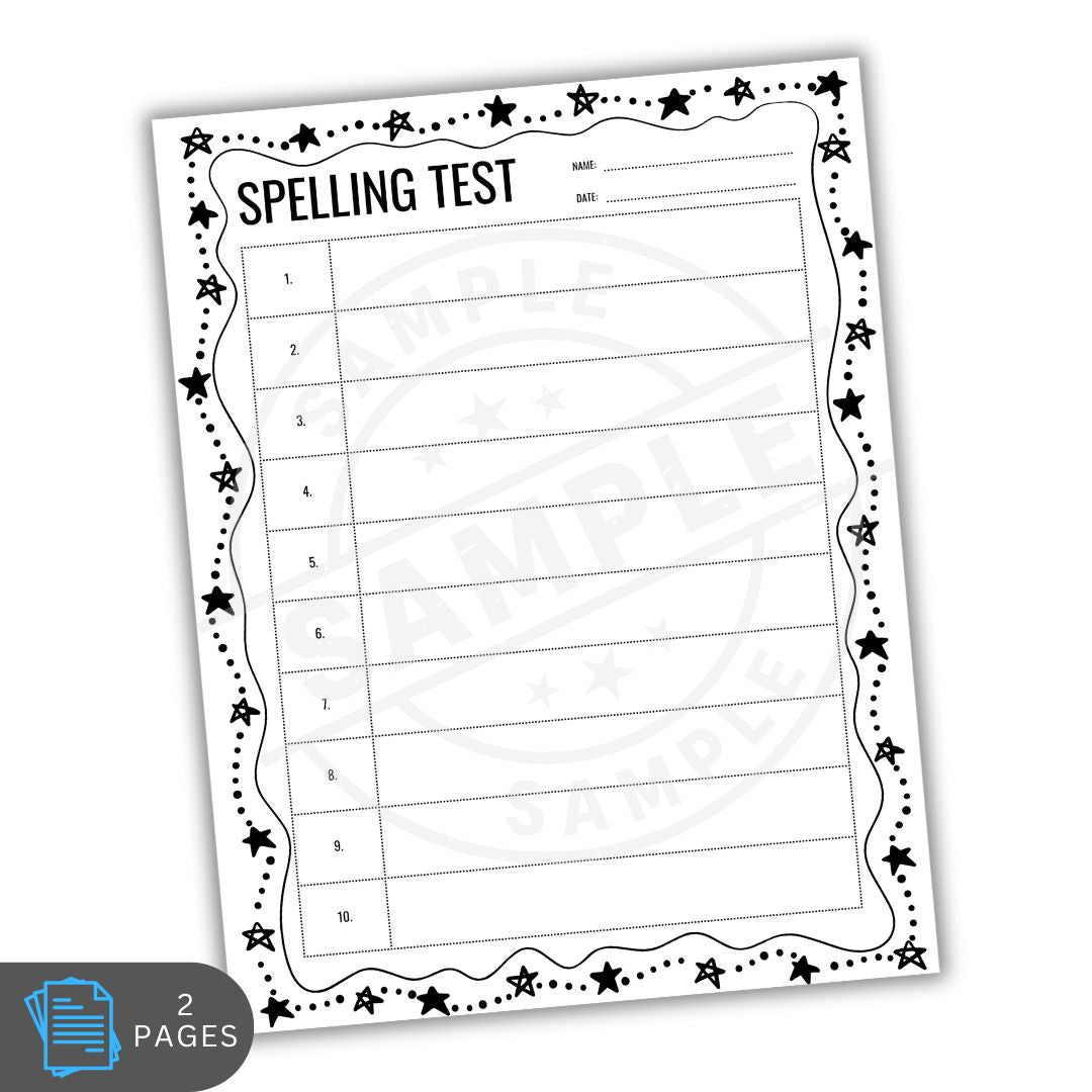 Spelling test paper with star border on a white background