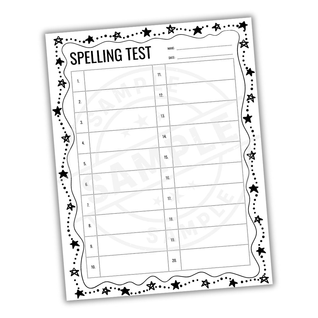 Spelling test paper with star border on a white background