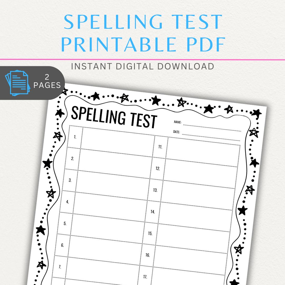 Spelling Test Printable PDF Template with space for words, answers, and grades for tracking spelling progress.

