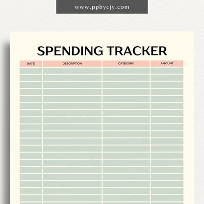 Spending Expense Tracker Printable Template – Digital download for monitoring and managing personal or business expenses, including categories, amounts, and dates