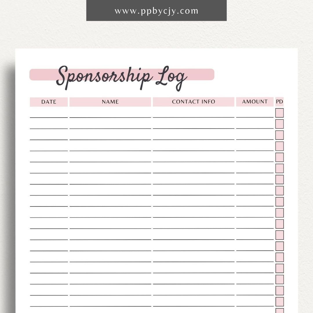 Sponsorship Log Printable PDF Template