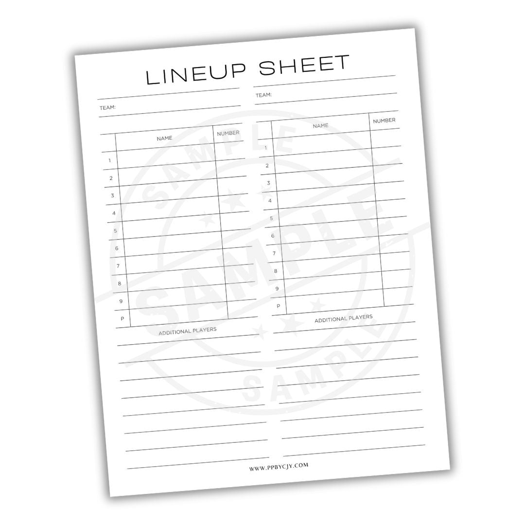 Lineup sheet with columns for team names, player names, and numbers on a white background.