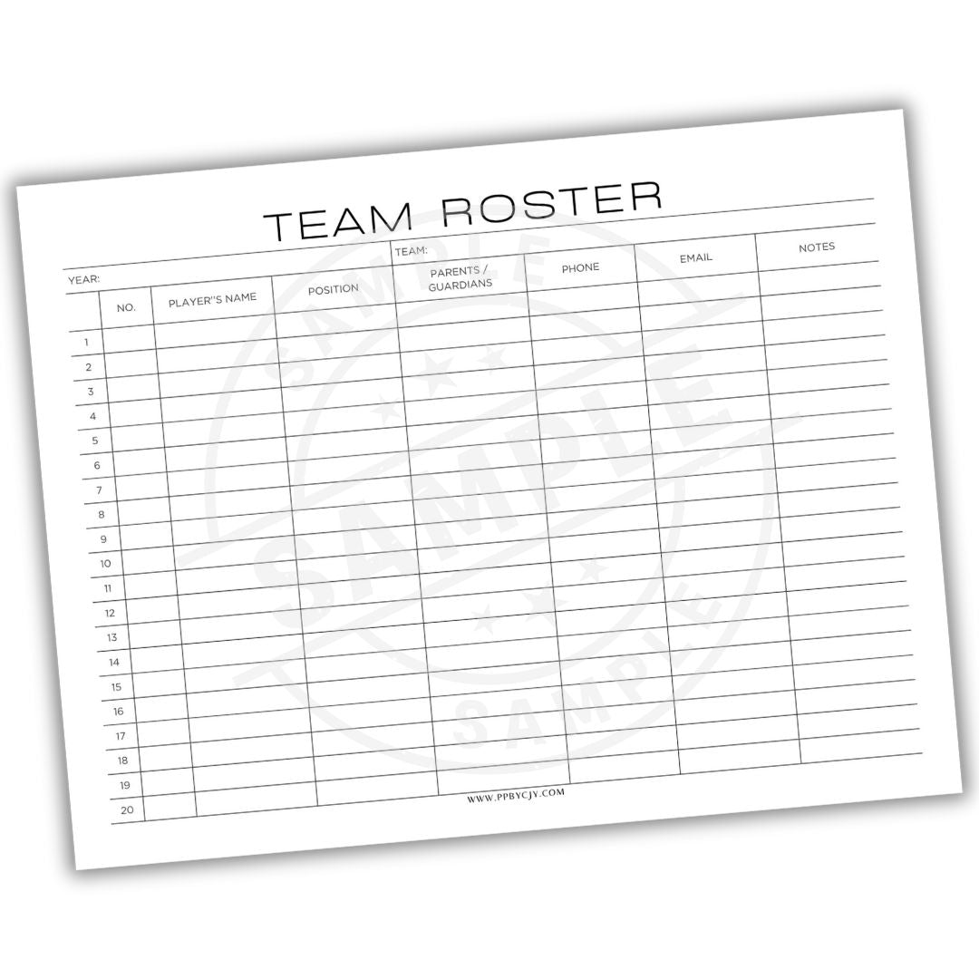 Team roster sheet with columns for player information on a white background