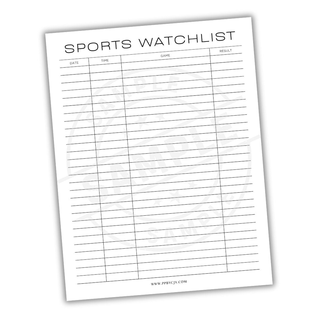 Sports watchlist sheet with columns for dates, time, game, and result on a white background.