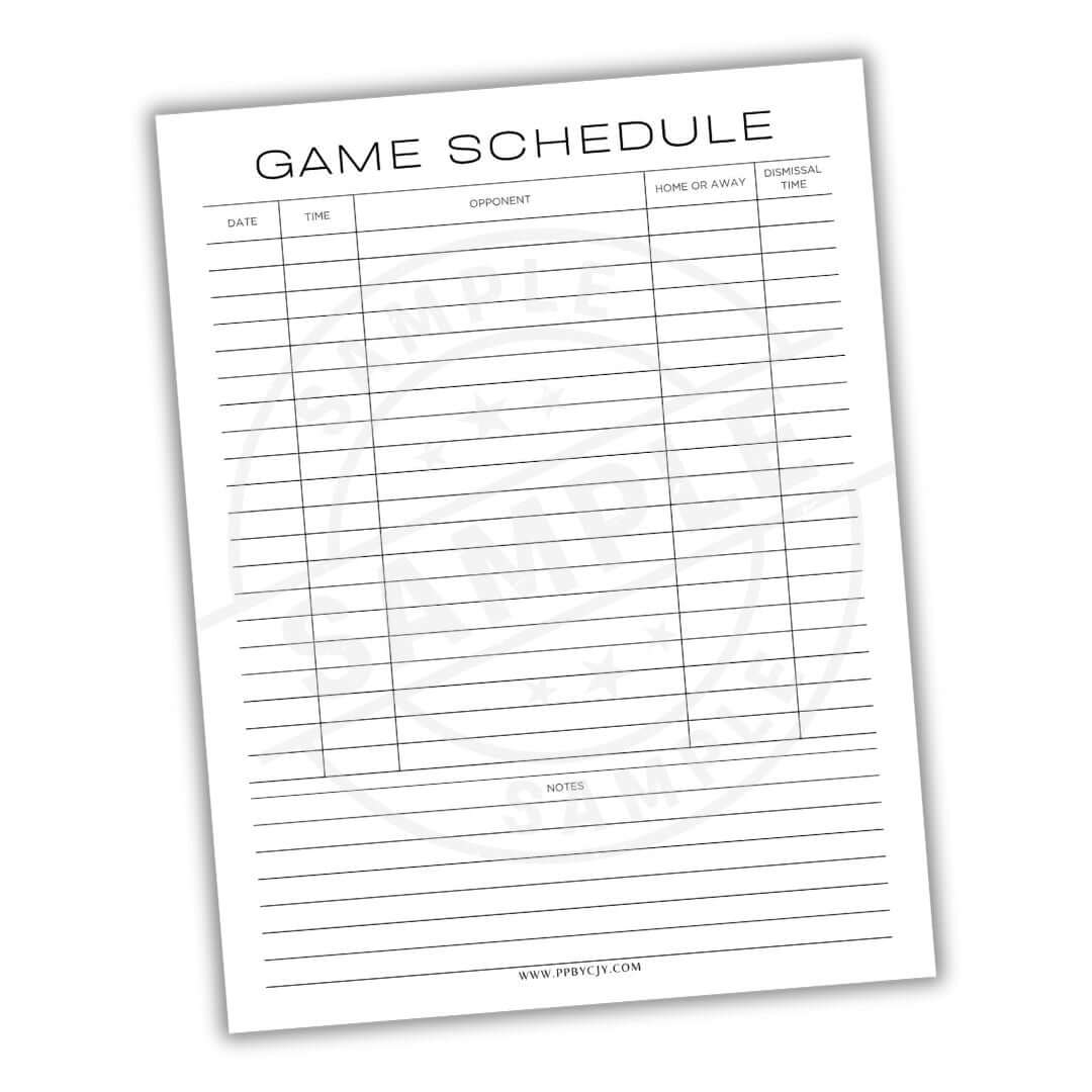 Game schedule sheet with columns for date, time, opponent, home or away, and notes on a white background.