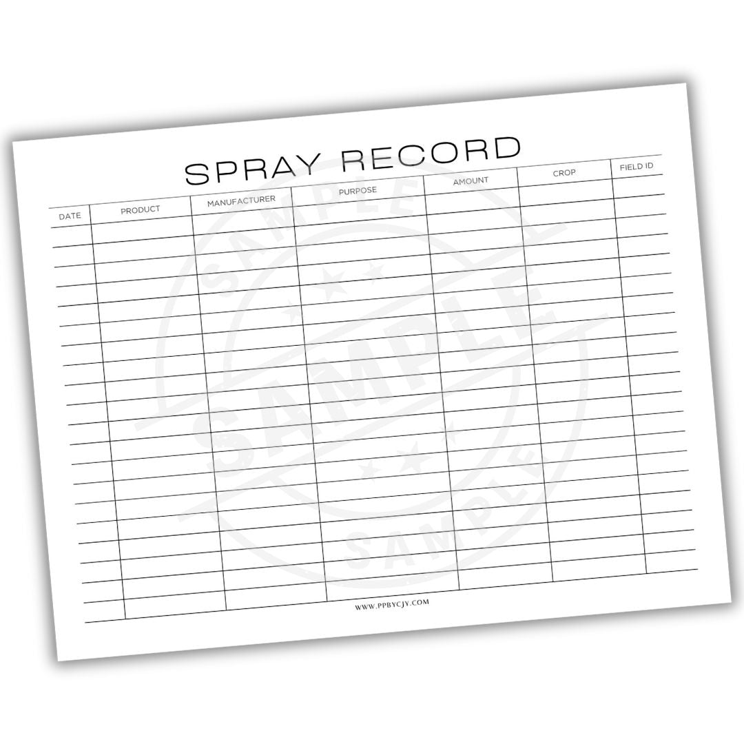 Spray record sheet with columns for date, product, manufacturer, purpose, amount, crop, and field ID.