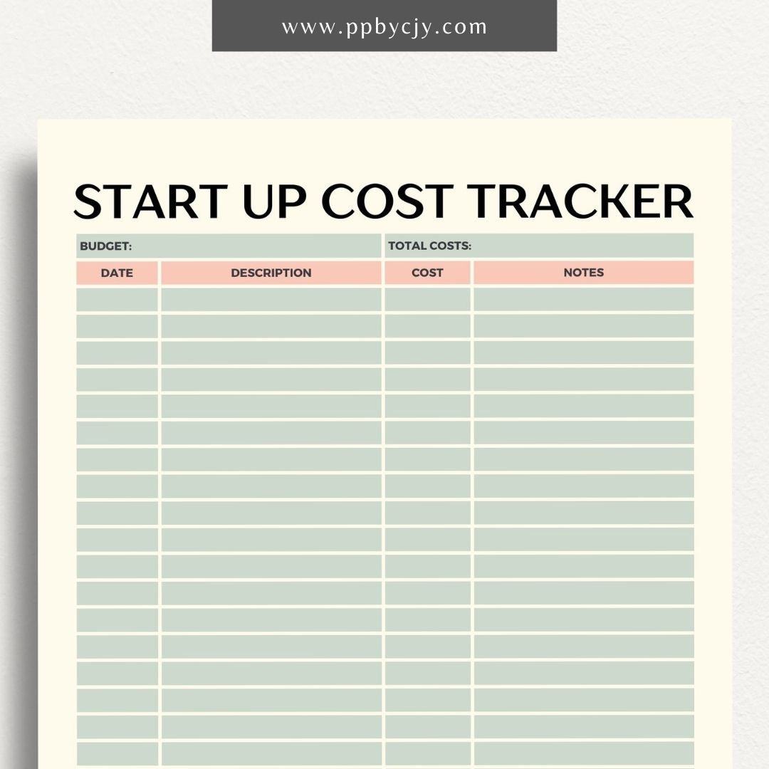 Start-Up Cost Tracker Printable Template – Digital download for monitoring and managing initial expenses and investments when starting a new business or project