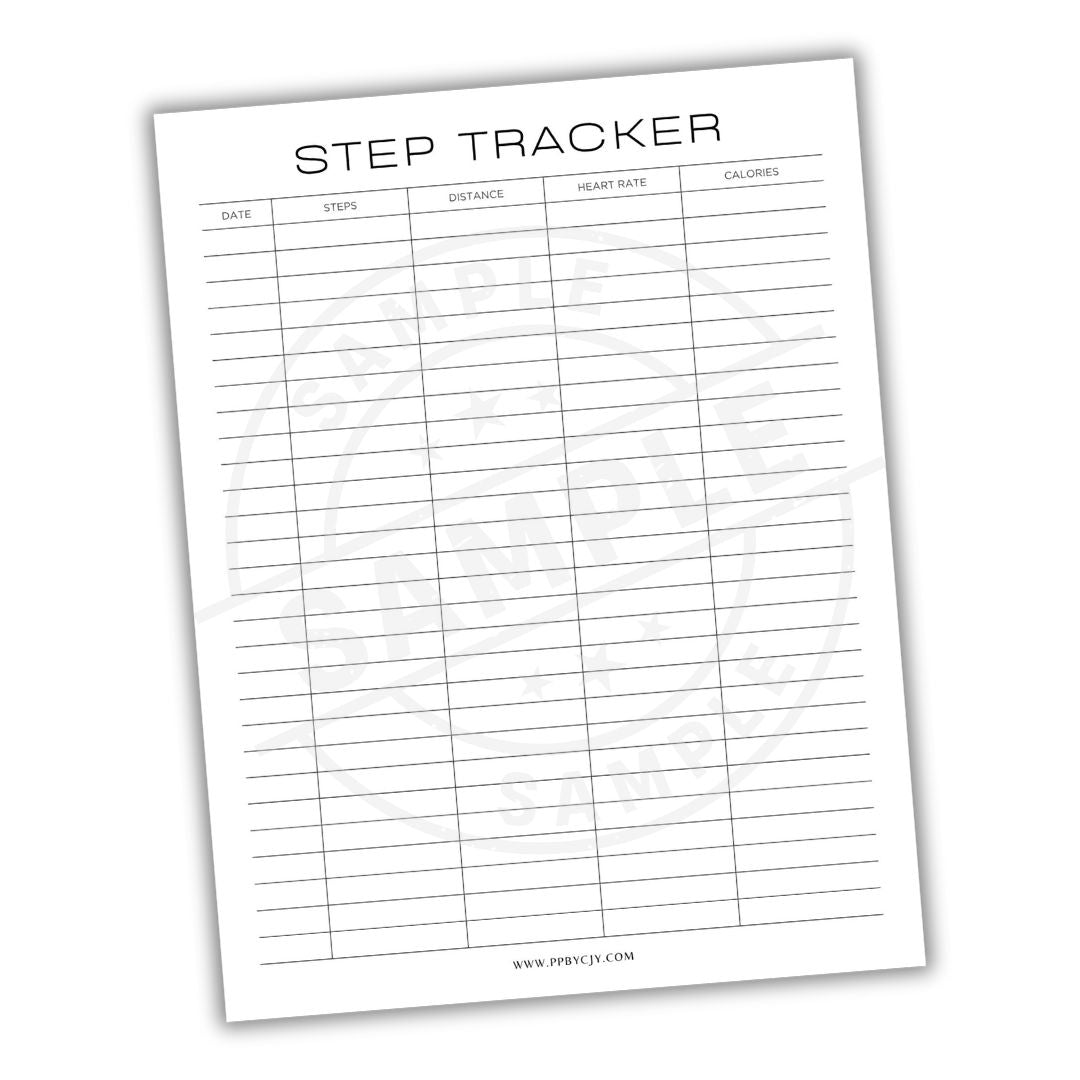Step tracker sheet with columns for date, steps, distance, heart rate, and calories on a white background.