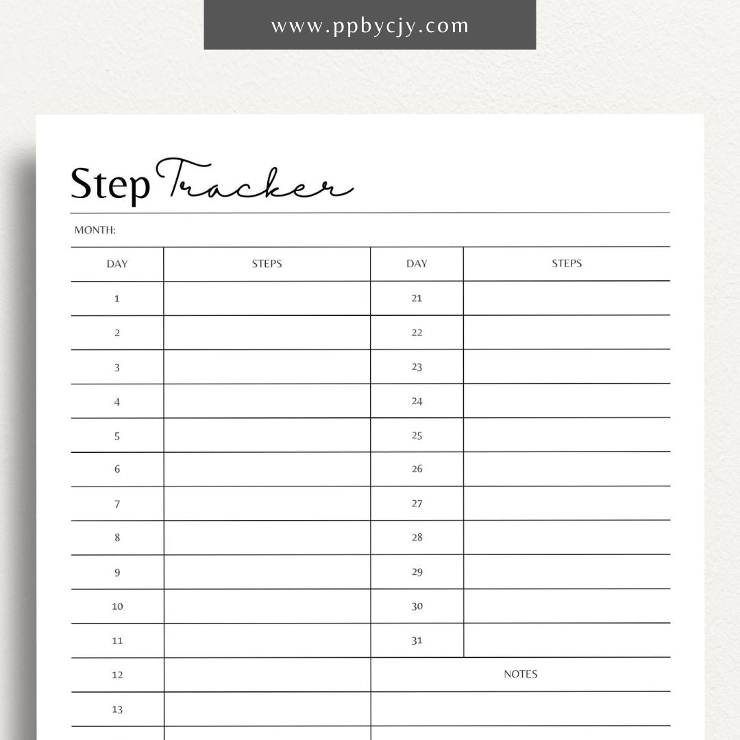 Track your daily steps and fitness progress with this printable step tracker template.

