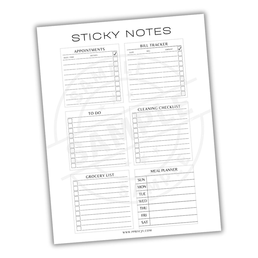 Sheet of pre-printed sticky notes with various categories on a white background