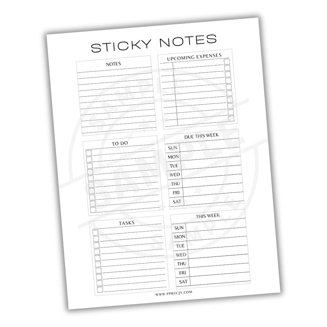 Sheet of planner stickers with various sections for notes, expenses, and tasks on a white background.