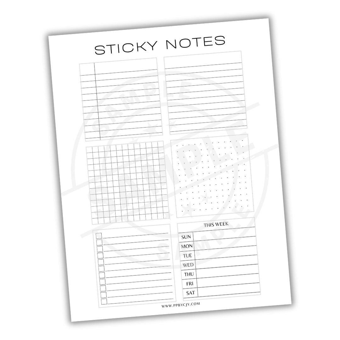 Sheet of sticky note planner stickers with various designs on a white background